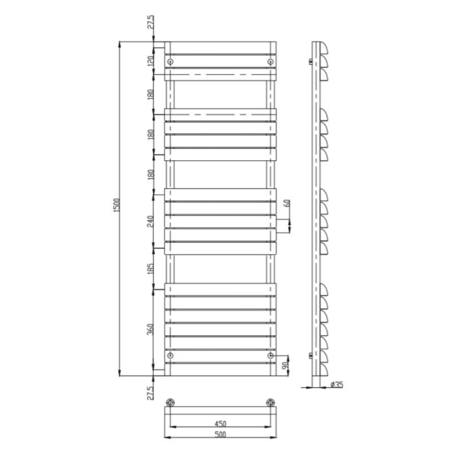 Venetian Style Anthracite Designer Heated Rail-3 Sizes-W:500mm - Image 3
