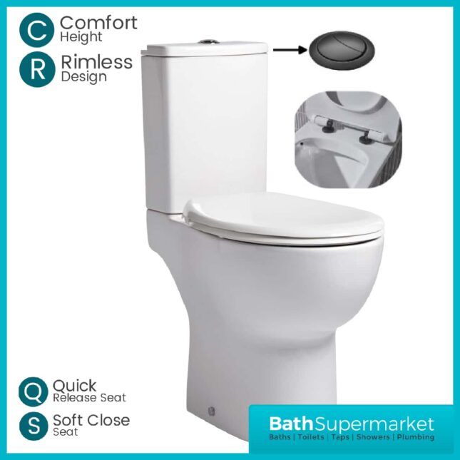 loft Comfort Height Close Coupled Toilet-Black Button-Black Seat Hinges