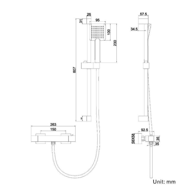 Sognare Mono Black Thermostatic Bar Square Shower Slider Shower Rail Kit - Image 6