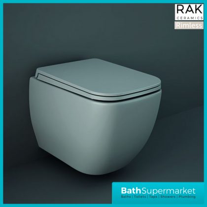 RAK Feeling Matt Grey Square Rimless Wall Hung WC Toilet Pan With Soft Close Seat