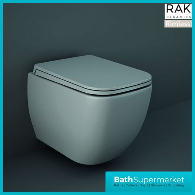 RAK Feeling Matt Grey Square Rimless Wall Hung WC Toilet Pan With Soft Close Seat