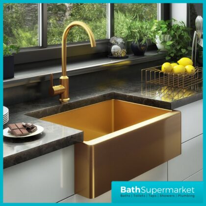 Gold Belfast Farmhouse Butler Style Copper Kitchen Sink Inc Waste 560mm x 390mm