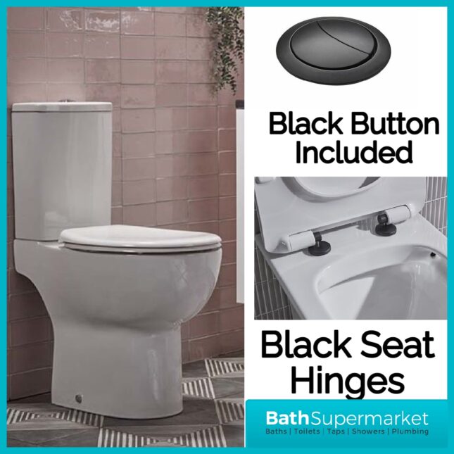loft Comfort Height Close Coupled Toilet-Black Button-Black Seat Hinges - Image 2