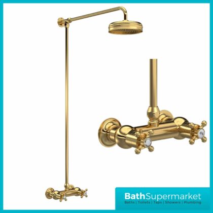 Hudson Reed Brushed Brass Thermostatic Shower Valve with Rigid Riser & Fixed Head - A8118