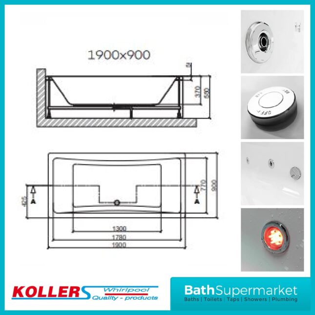Koller Toreno Square Double Ended Whirlpool Jet Spa Bath 1900mm x 900mm With Light Option - Image 2