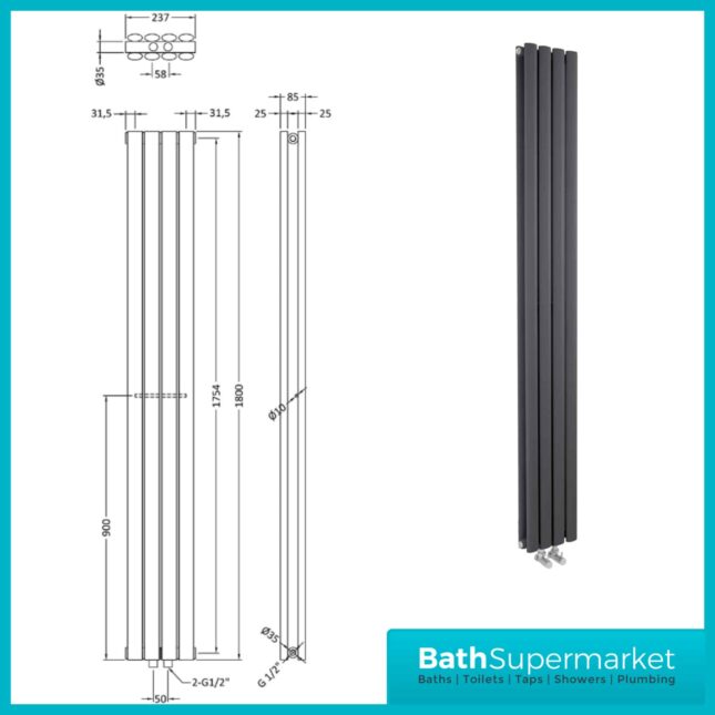 Hudson Reed Revive Designer Radiator 237mm x 1800mm - Anthracite