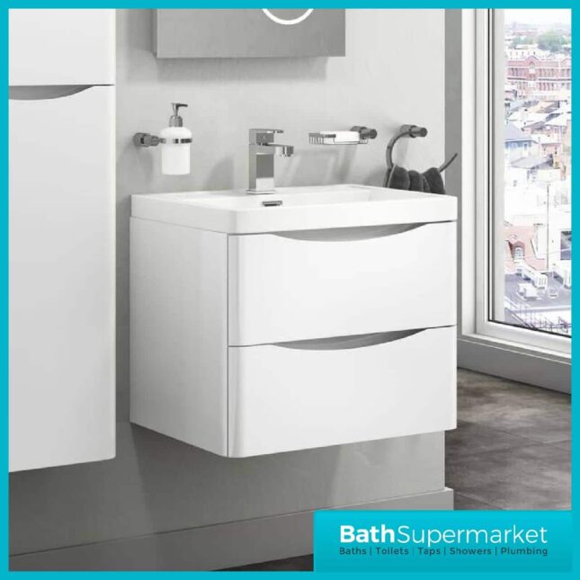 Cassellie Bali Gloss White Wall Mounted Vanity Drawer Basin Unit 600mm - Image 5