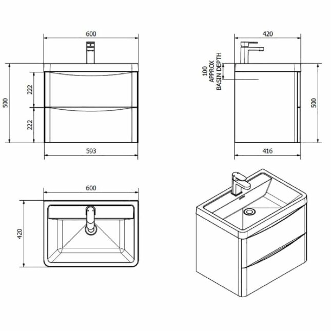 Cassellie Bali Chestnut Wall Mounted Vanity Drawer Basin Unit 600mm - Image 6