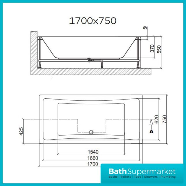 Titan Toreno Square 1700mm x 750mm Double Ended Bath-NTH - Image 2