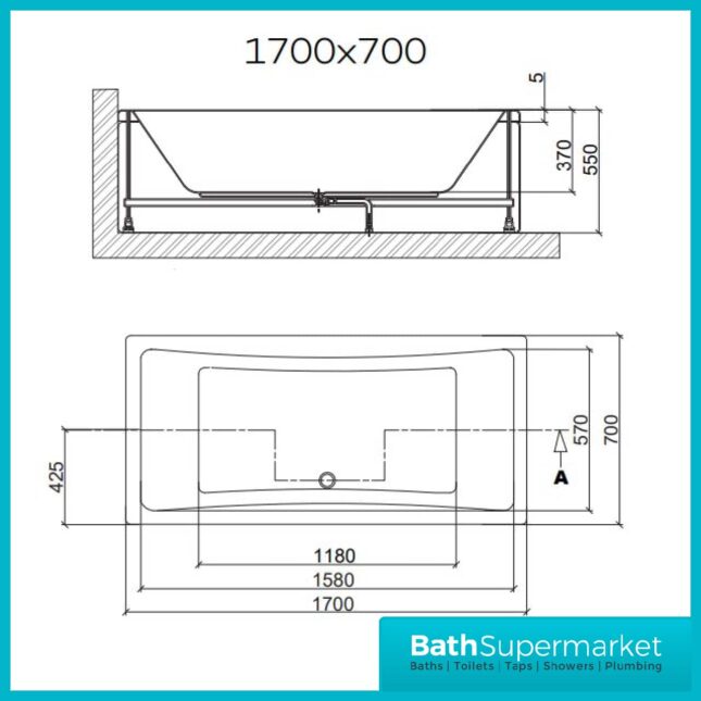 Titan Toreno Square 1700mm x 700mm Double Ended Bath-NTH - Image 2