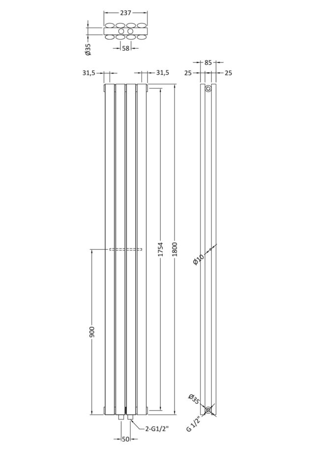 Hudson Reed Revive Space-Saving Double Designer Vertical Radiator 1800mm H x 237mm W - White - Image 4