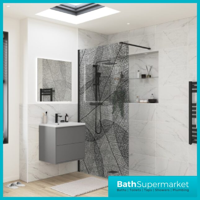 1200mm Designer Black Leaf Design Walkin Wetroom Shower Enclosure 8mm