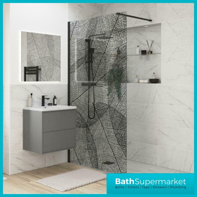 1200mm Designer Black Leaf Design Walkin Wetroom Shower Enclosure 8mm-2mts Tall - Image 3