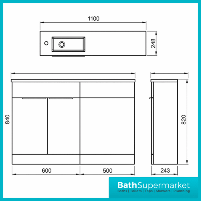 Modern I Series Gloss White Slimline Combination i Shape Vanity Unit & Reversible Basin 1100mm