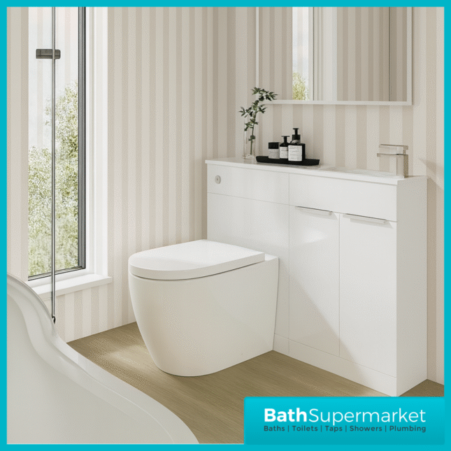Modern I Series Gloss White Slimline Combination i Shape Vanity Unit & Reversible Basin 1100mm