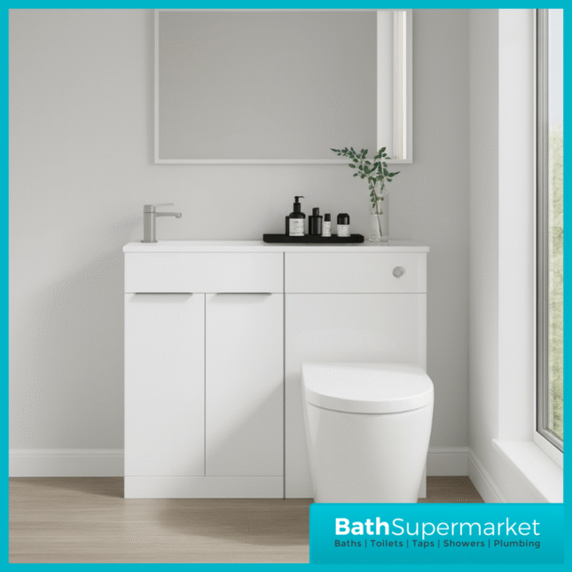 Modern I Series Gloss White Slimline Combination i Shape Vanity Unit & Reversible Basin 1100mm