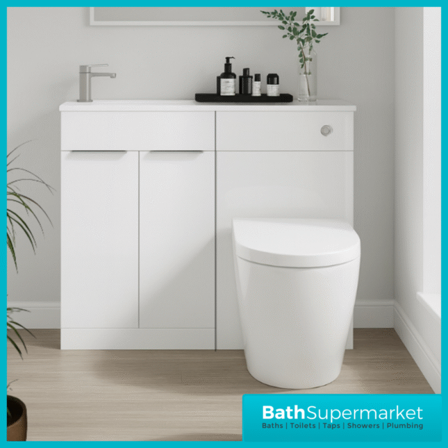 Modern I Series Gloss White Slimline Combination i Shape Vanity Unit & Reversible Basin 1100mm