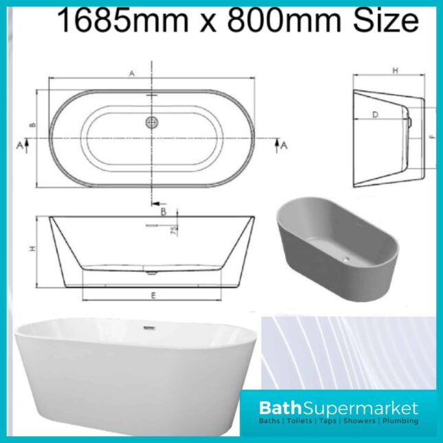 Coast Modern White Double Ended Free-Standing Bath 1700mmx800mm - Image 5