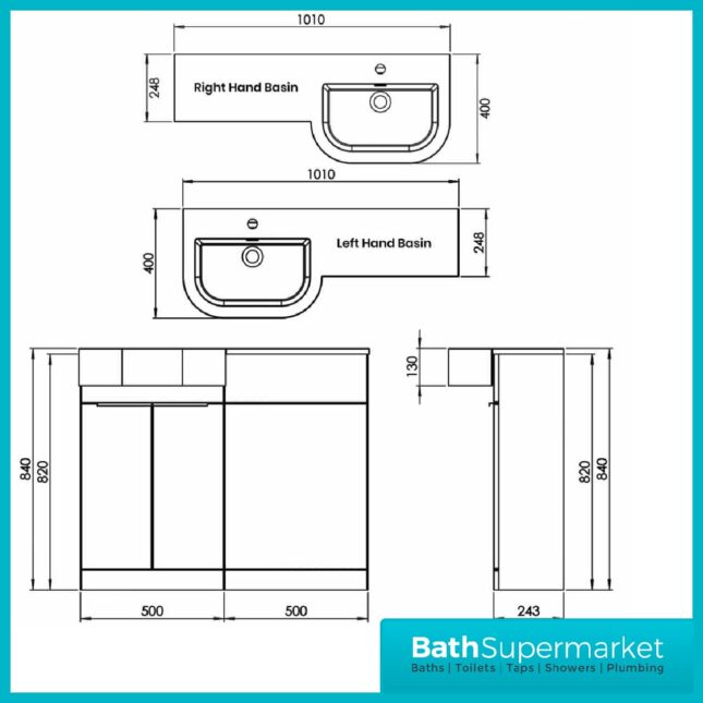 Elation Pearl Matt Grey P-Shape Slimline Combination & Basin Unit 1010mm-LH & RH