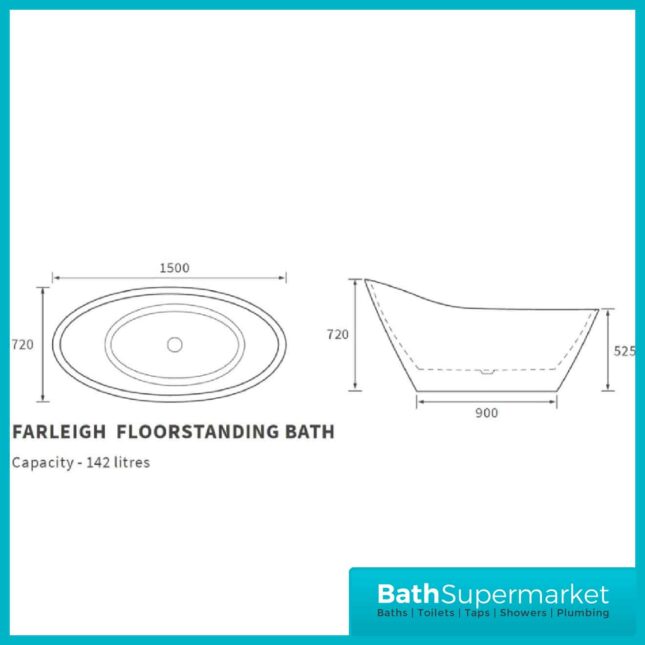 AquaVolere Legacy Modern Freestanding 1500 x 720 x 720mm Bath - Image 8