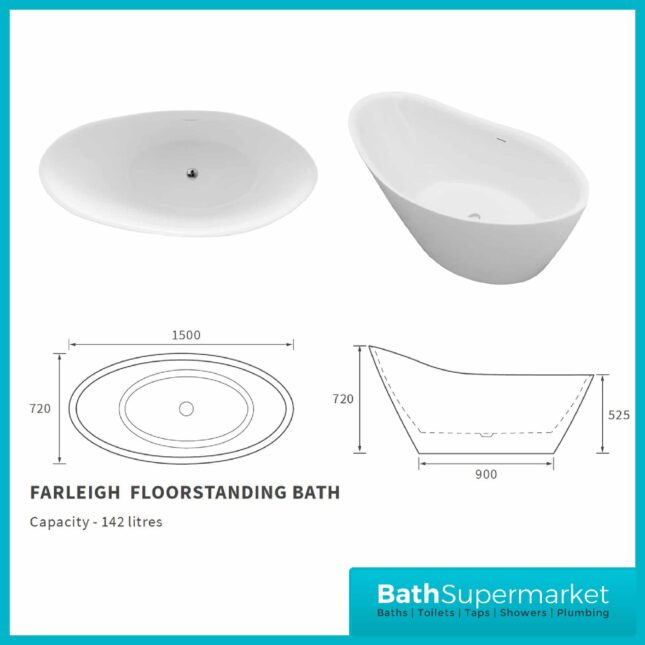 AquaVolere Legacy Modern Freestanding 1500 x 720 x 720mm Bath - Image 5