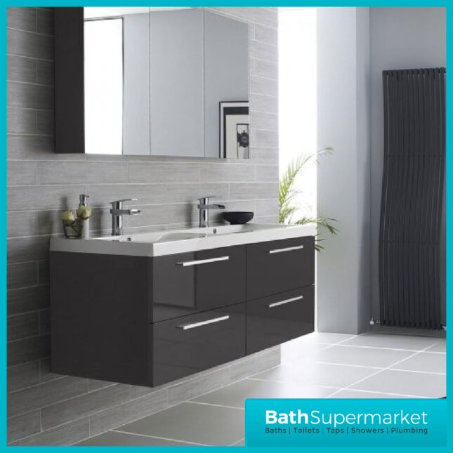 Hudson Reed Quartet Gloss Grey Double Wall Cabinet & Basin Vanity Unit 1440mm