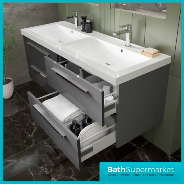 Hudson Reed Quartet Gloss Grey Double Wall Cabinet & Basin Vanity Unit 1440mm - Image 3