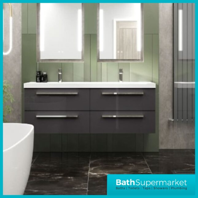 Hudson Reed Quartet Gloss Grey Double Wall Cabinet & Basin Vanity Unit 1440mm - Image 4
