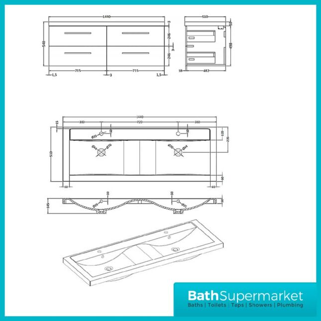 Hudson Reed Quartet Natural Double Wall Cabinet & Basin Vanity Unit 1440mm - Image 3