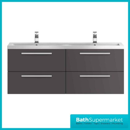 Hudson Reed Quartet Gloss Grey Double Wall Cabinet & Basin Vanity Unit 1440mm