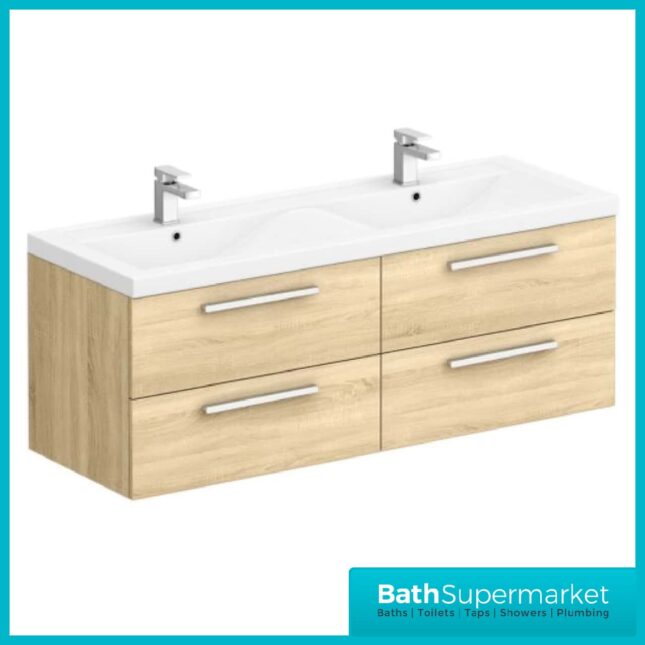 Hudson Reed Quartet Natural Oak Double Wall Cabinet & Basin Vanity Unit 1440mm