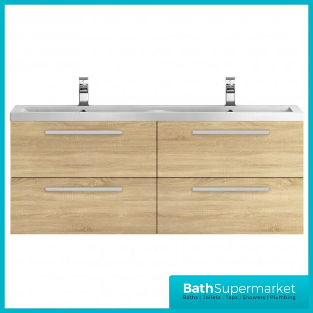 Hudson Reed Quartet Natural Oak Double Wall Cabinet & Basin Vanity Unit 1440mm