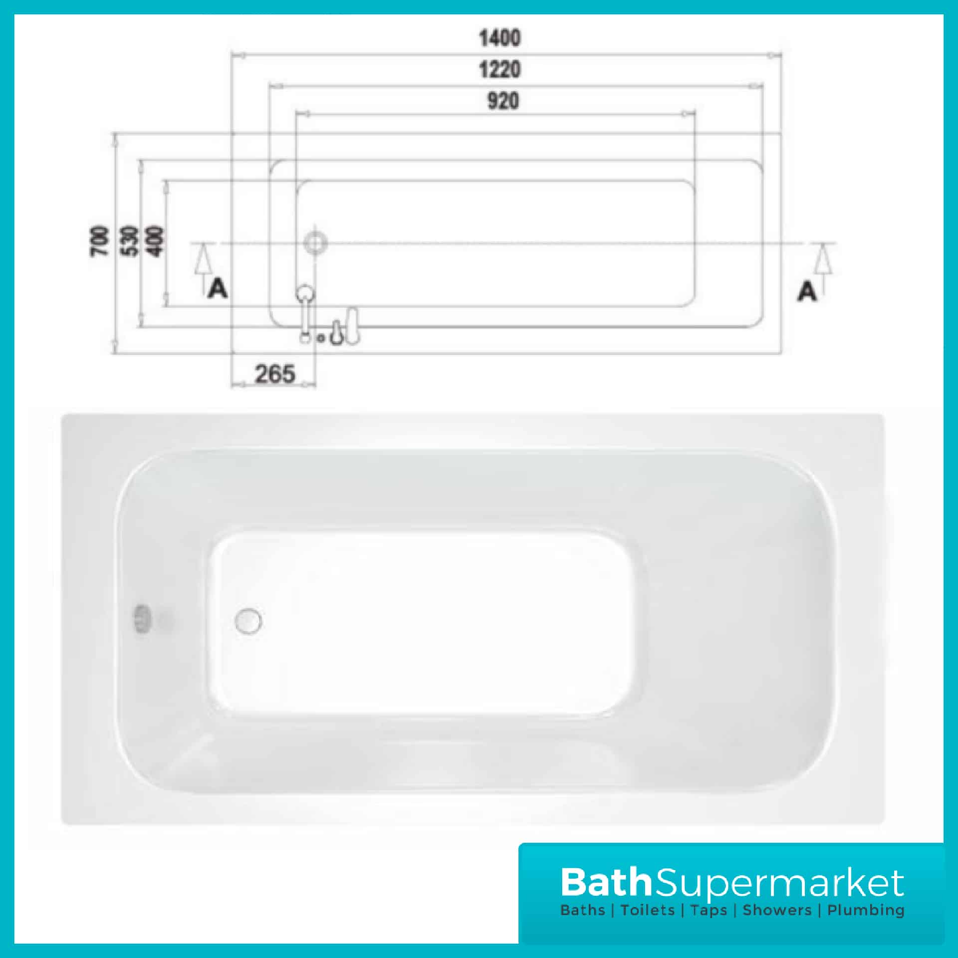 Sanica Granada Square Single Ended Acrylic Bath Tub 1400mm x 700mm - Image 4