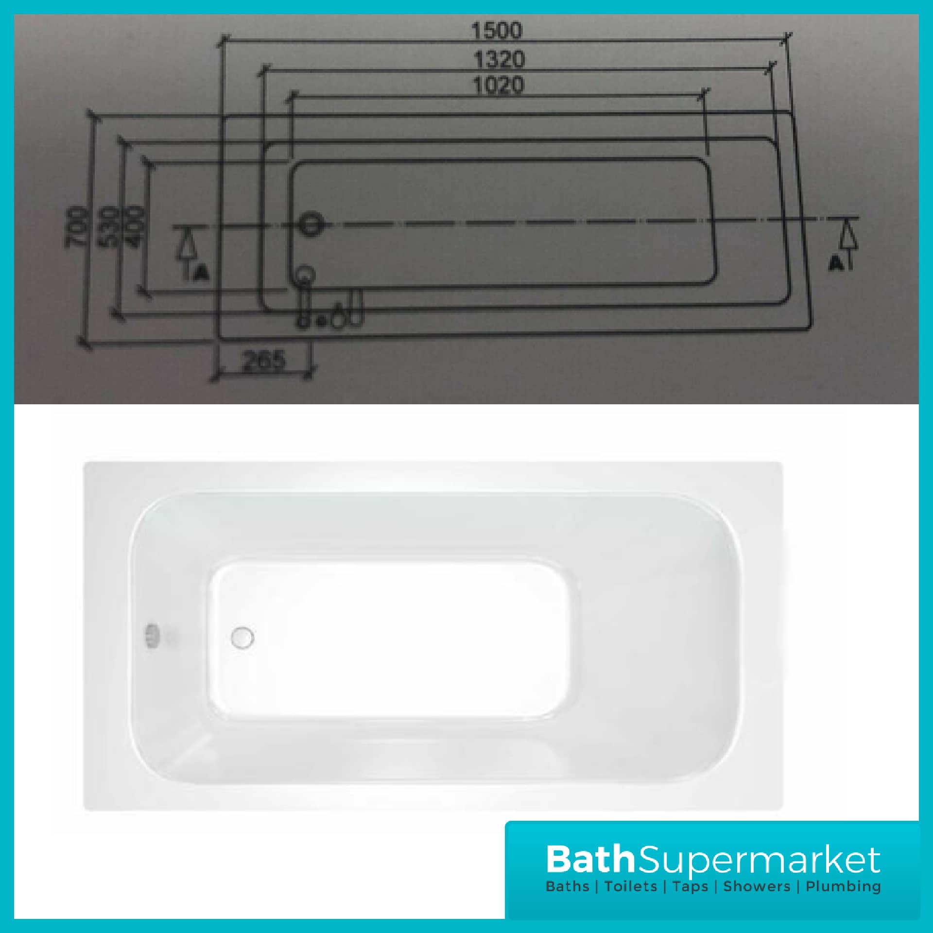 Sanica Granada Square Single Ended Acrylic Bath Tub 1500mm x 700mm - Image 3