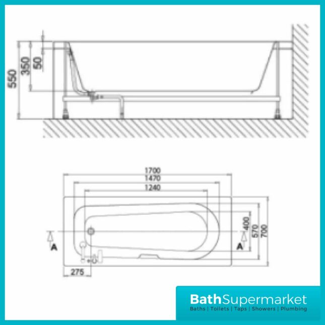 Sanica Granada Square Single Ended Acrylic Bath Tub 1700mm x 700mm - Image 8