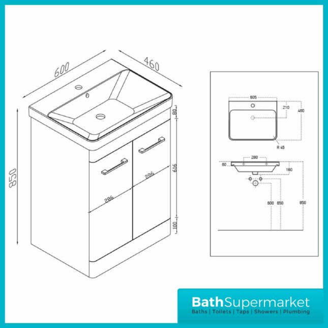 Mossini Floor Standing Bathroom Vanity Unit 600mm Gloss White