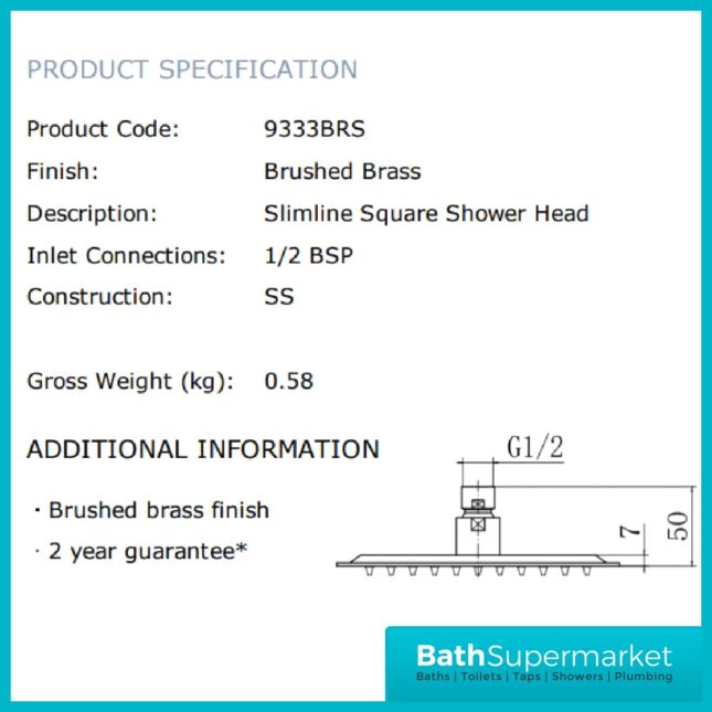 Observa Brushed Brass 8" Slimline Square Shower Head Only
