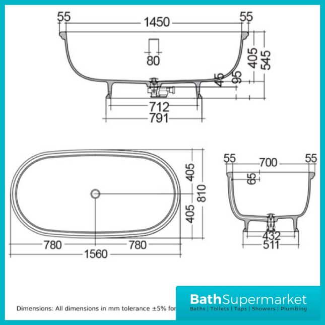 RAK Washington Black 1560mm x 810mm Double Ended Freestanding Bath - Image 3