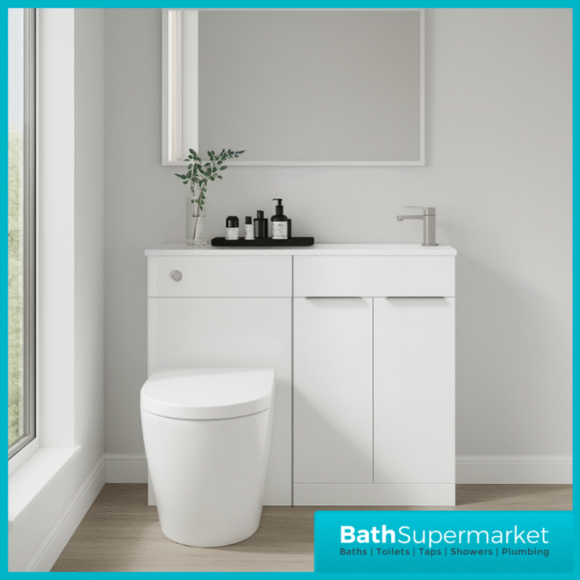 Modern I Series Gloss White Slimline Combination i Shape Vanity Unit & Reversible Basin 1100mm
