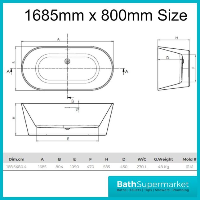 Coast Modern White Double Ended Free-Standing Bath 1685mmx800mm