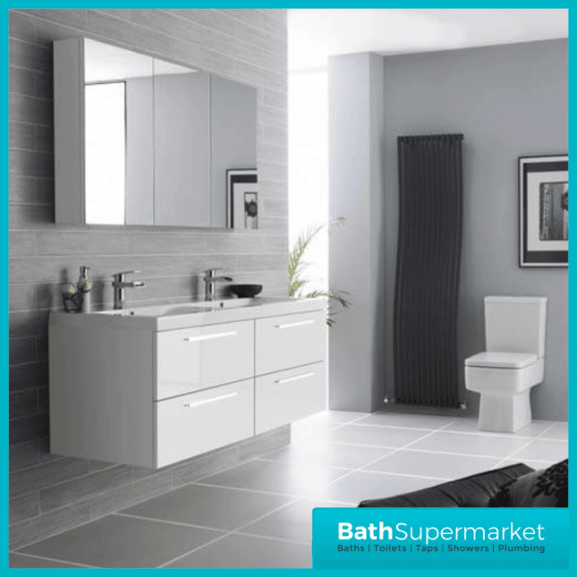 Hudson Reed Quartet Gloss White Double Wall Cabinet & Basin Vanity Unit 1440mm