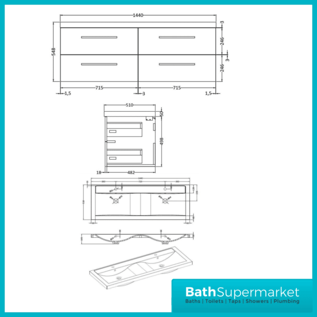 Hudson Reed Quartet Gloss White Double Wall Cabinet & Basin Vanity Unit 1440mm - Image 4