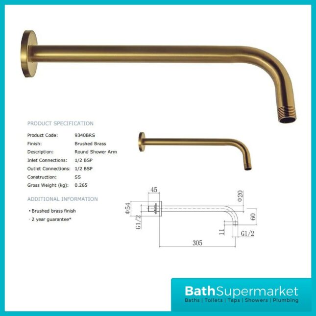 Equate Round Wall Shower Arm - Brushed Brass - Image 2