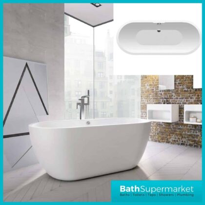 Modern Freestanding Bath Double Ended Design Length: 1555mm Width: 750mm Depth: 580mm Weight: 38KG High Quality Acrylic Material Tap Holes: 0 Shape: Round Bath Thickness: 5mm Water Capacity (Litres): 181