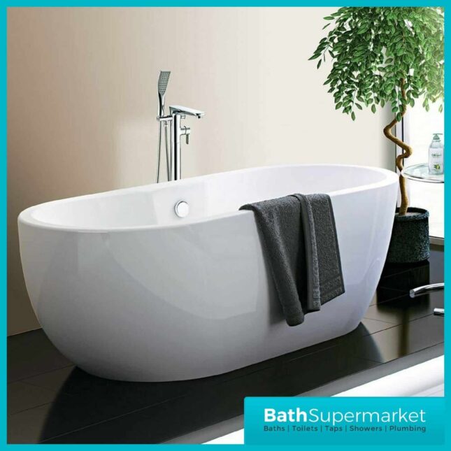 Modern Freestanding Bath Double Ended Design Length: 1555mm Width: 750mm Depth: 580mm Weight: 38KG High Quality Acrylic Material Tap Holes: 0 Shape: Round Bath Thickness: 5mm Water Capacity (Litres): 181