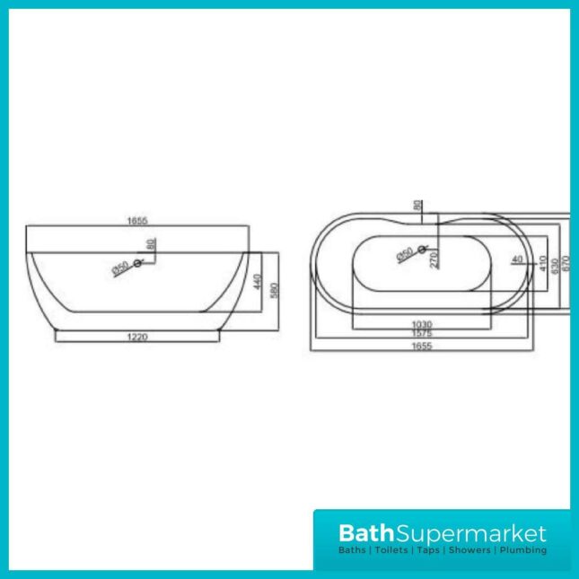 Modern Freestanding Bath Double Ended Design Length: 1555mm Width: 750mm Depth: 580mm Weight: 38KG High Quality Acrylic Material Tap Holes: 0 Shape: Round Bath Thickness: 5mm Water Capacity (Litres): 181