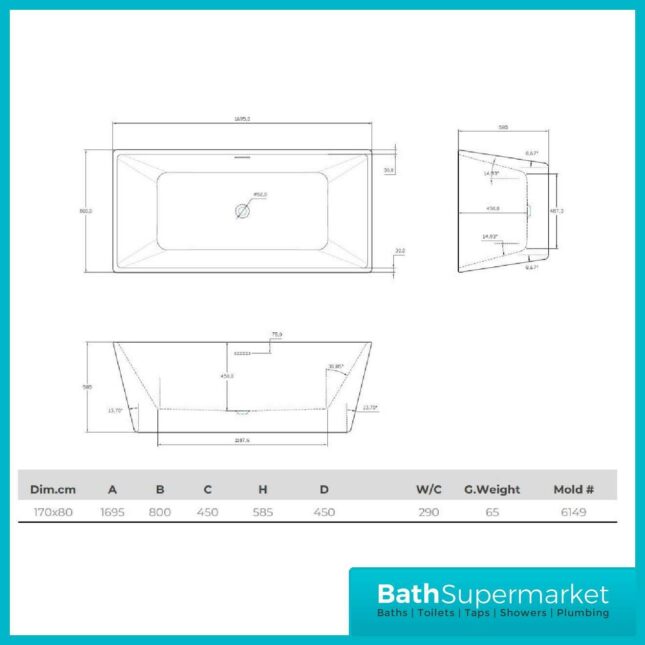 Cruze Square White Freestanding Double Ended Bath 1695 x 800