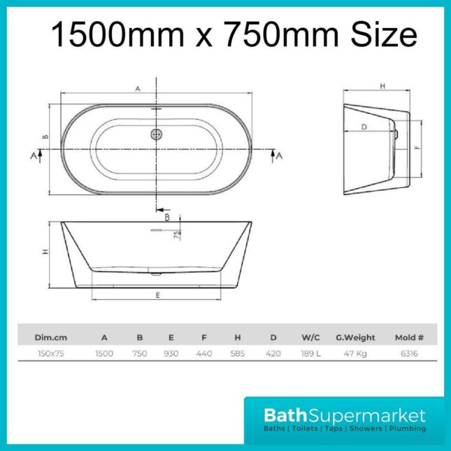 Coast Modern White Double Ended Free-Standing Bath 1500mm or 1600mmx700mm - Image 3