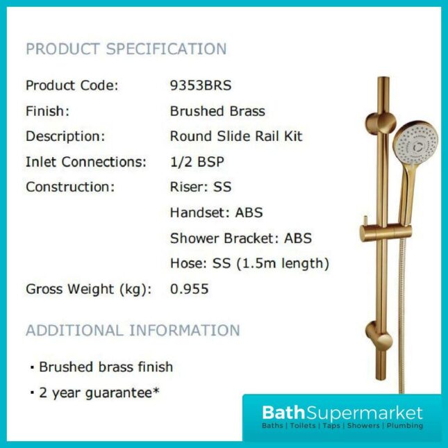 ​Deluxe Equate Brushed Brass Round Slide Shower Rail Kit & Hose​