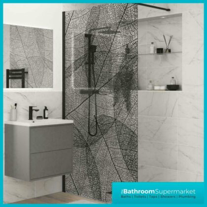 1200mm Designer Black Leaf Design Walkin Wetroom Shower Enclosure 8mm